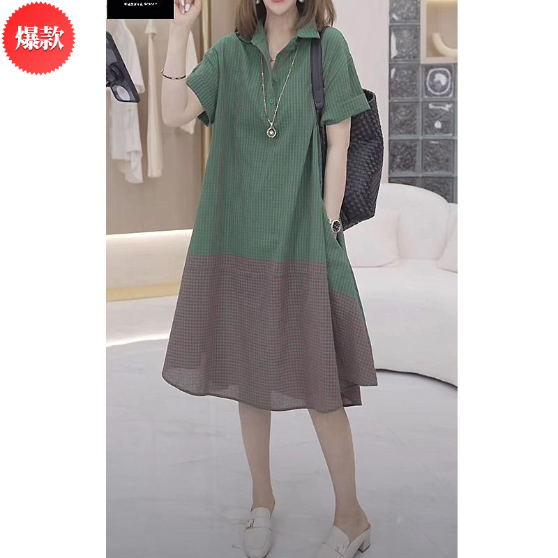 显瘦新款2025夏季百搭拼接设计轻奢连衣裙大码宽松显瘦过膝中长款