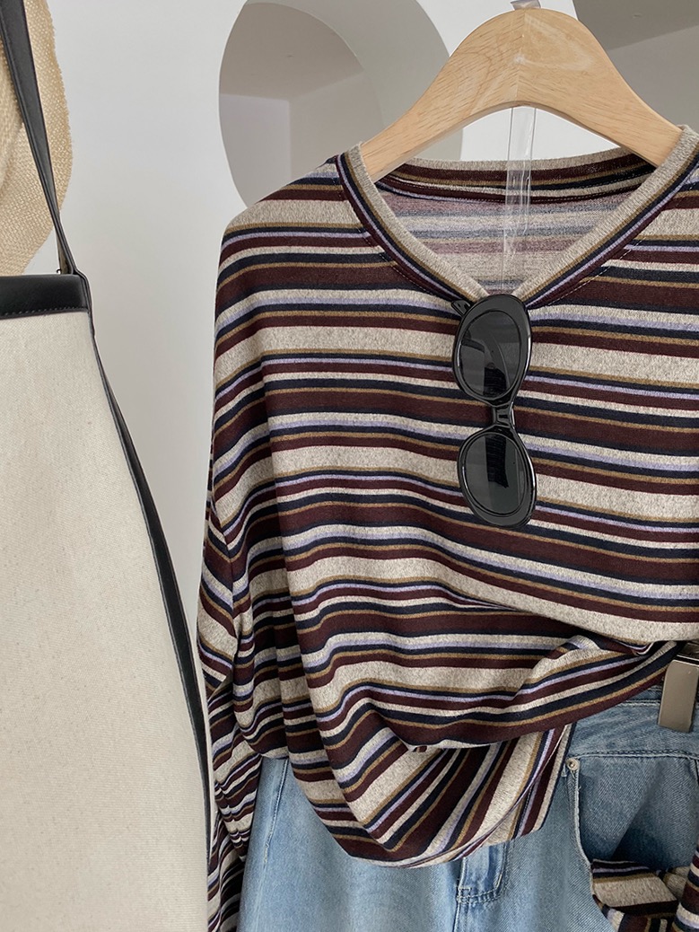 胖mm大码复古慵懒圆领条纹长袖打底T恤衫女2025新款秋季宽松上衣