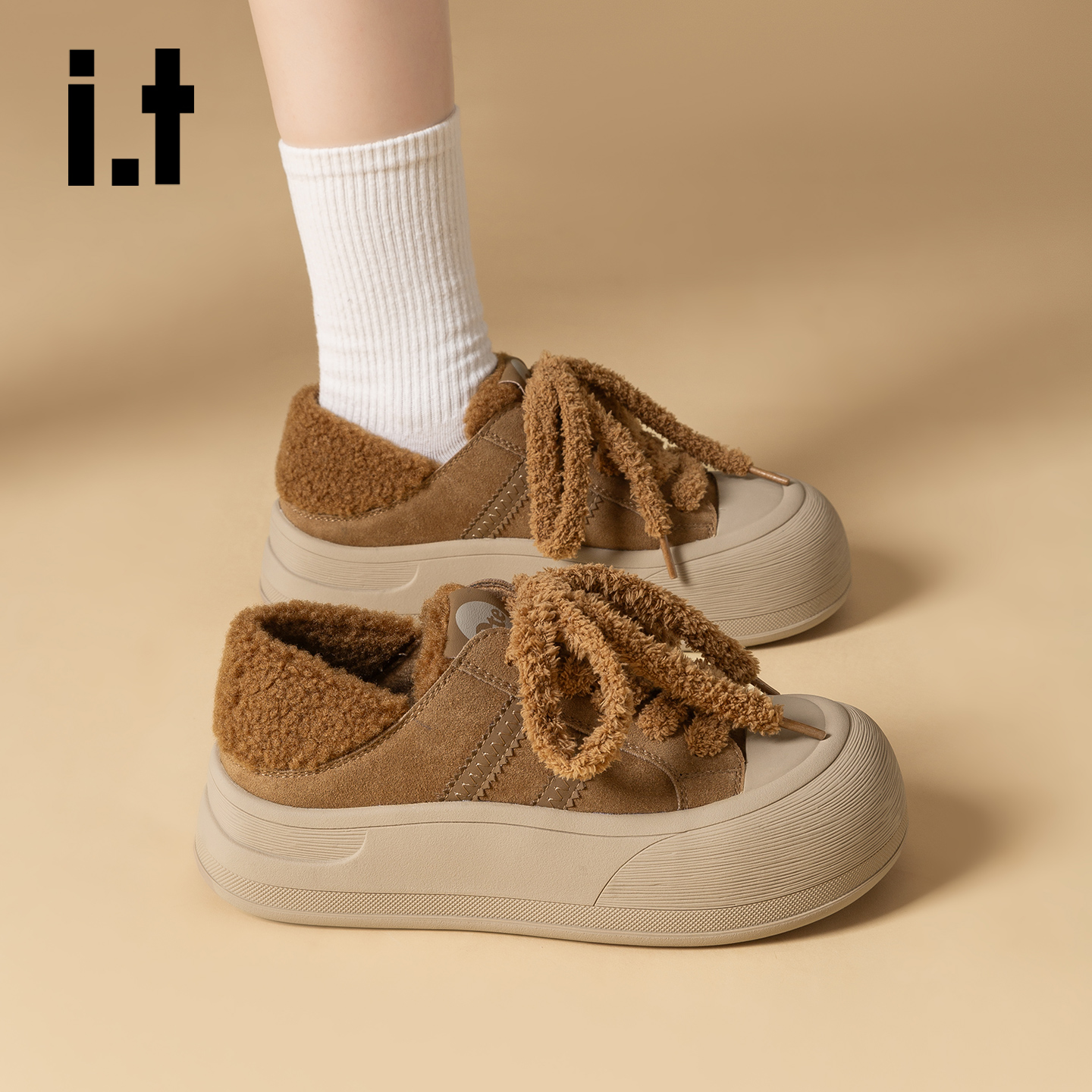 it ete加绒厚底板鞋女棉鞋冬季新款增高保暖毛毛鞋运动休闲面包鞋