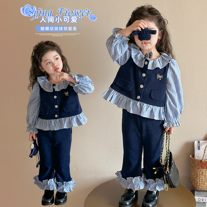 女童装套装韩版春装2025新款洋气时髦春季宝宝学院风花边假两件套