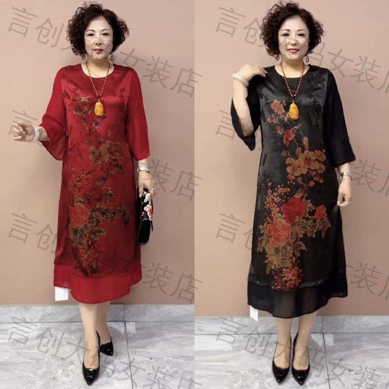 圆领七分袖高端中长款连衣裙气质减龄宽松遮肉中老年妈妈装提花
