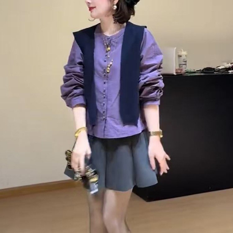 欧货高级感紫色披肩+衬衫女2025秋季新宽松显瘦小众显瘦气质上衣
