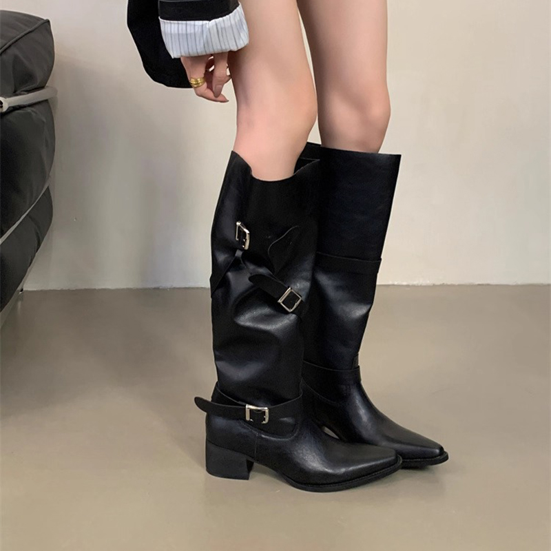 美拉德尖头骑士靴女2024秋冬季新款大筒围堆堆靴高筒靴粗跟长筒靴