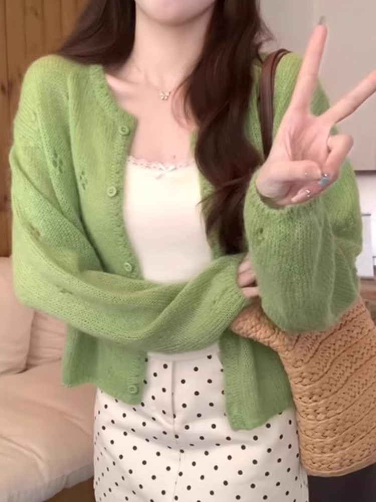 2025春夏浪漫感纯色镂空钩花温柔女神款单排扣宽松显瘦针织开衫