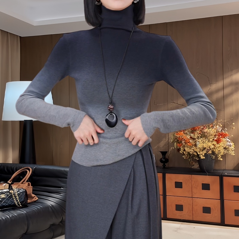 法式优雅高领套头长袖T恤秋冬新款舒适减龄高级渐变色设计感上衣