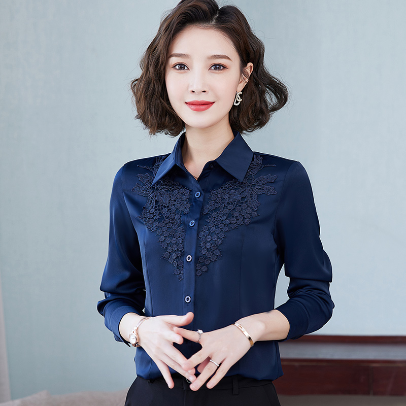 缎面蕾丝雪纺衬衫女长袖上衣外穿春秋季新款气质时尚洋气打底衬衣