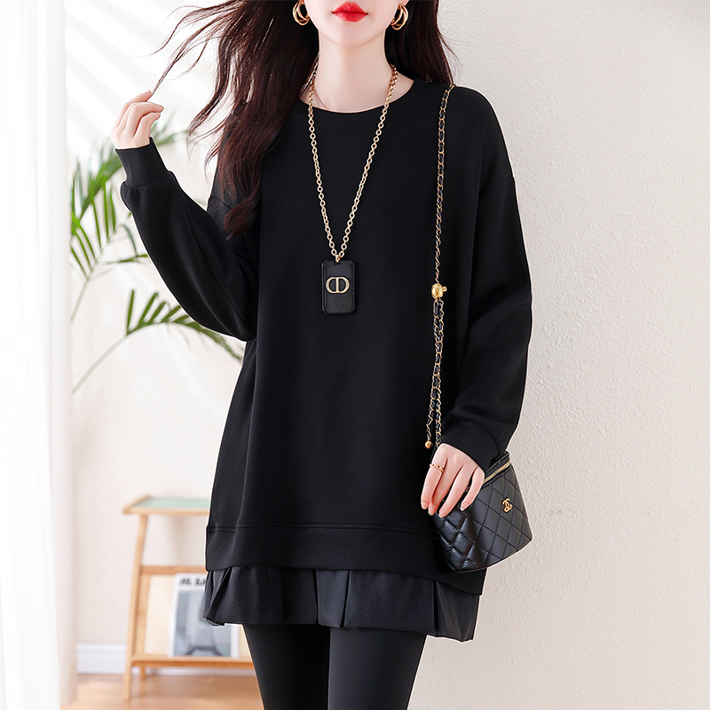 2025春秋新款拼接设计感荷叶边纯色中长款卫衣大码宽松显瘦上衣女