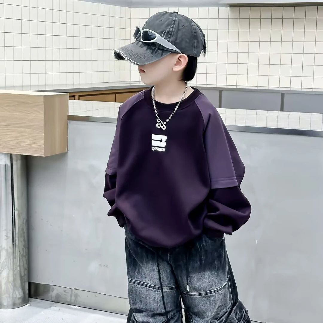男童秋装休闲卫衣春秋2025帅气新款中大童拼接设计男孩上衣