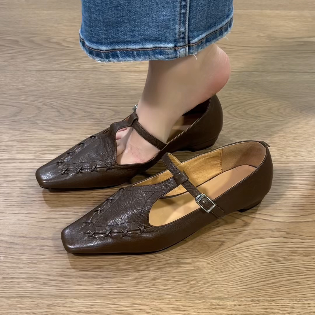 2025新款秋季时尚通勤气质日常舒适小方头T型带粗跟头层牛皮单鞋