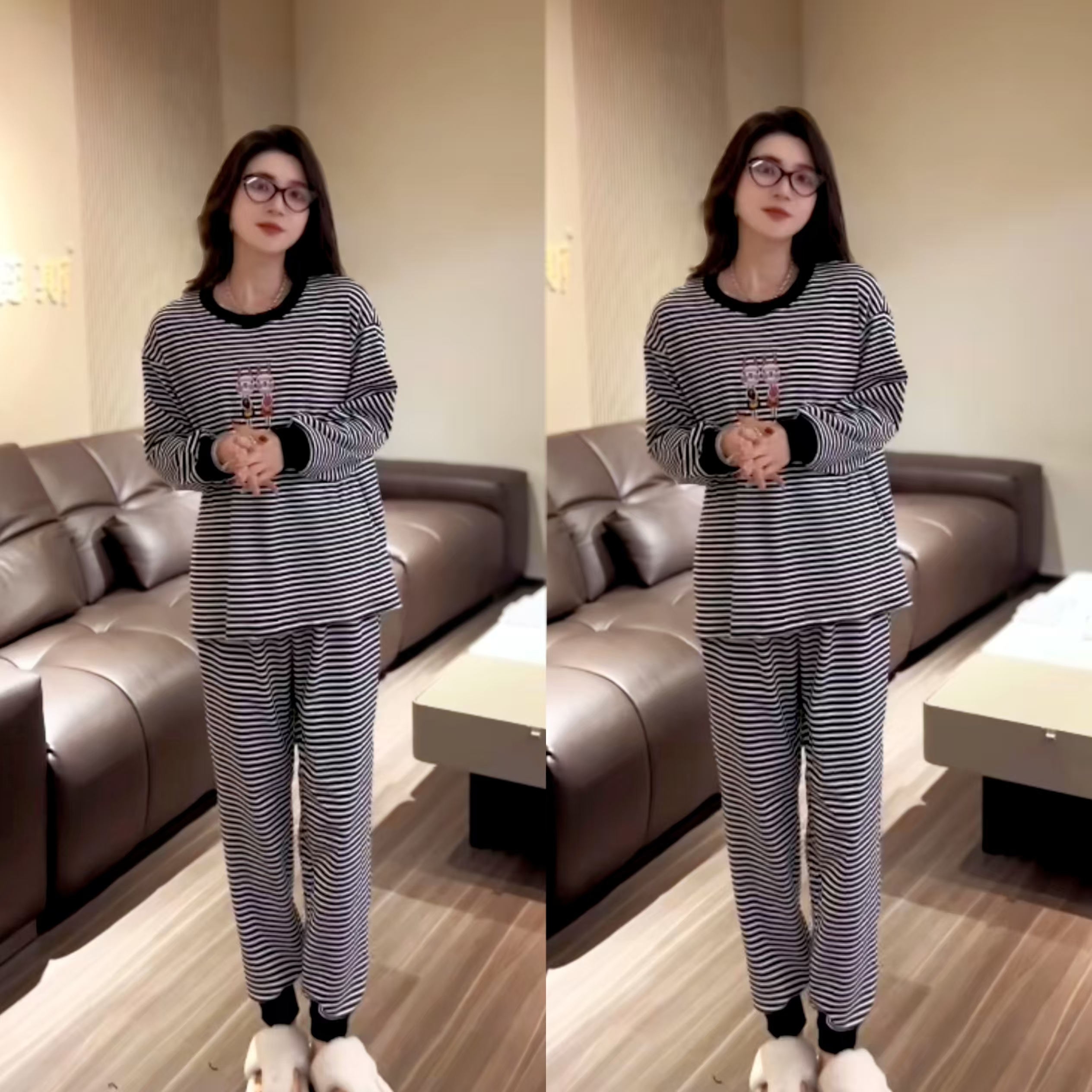 条纹睡衣女士圆领秋冬款居家服套装时尚宽松保暖舒适长袖长裤睡衣