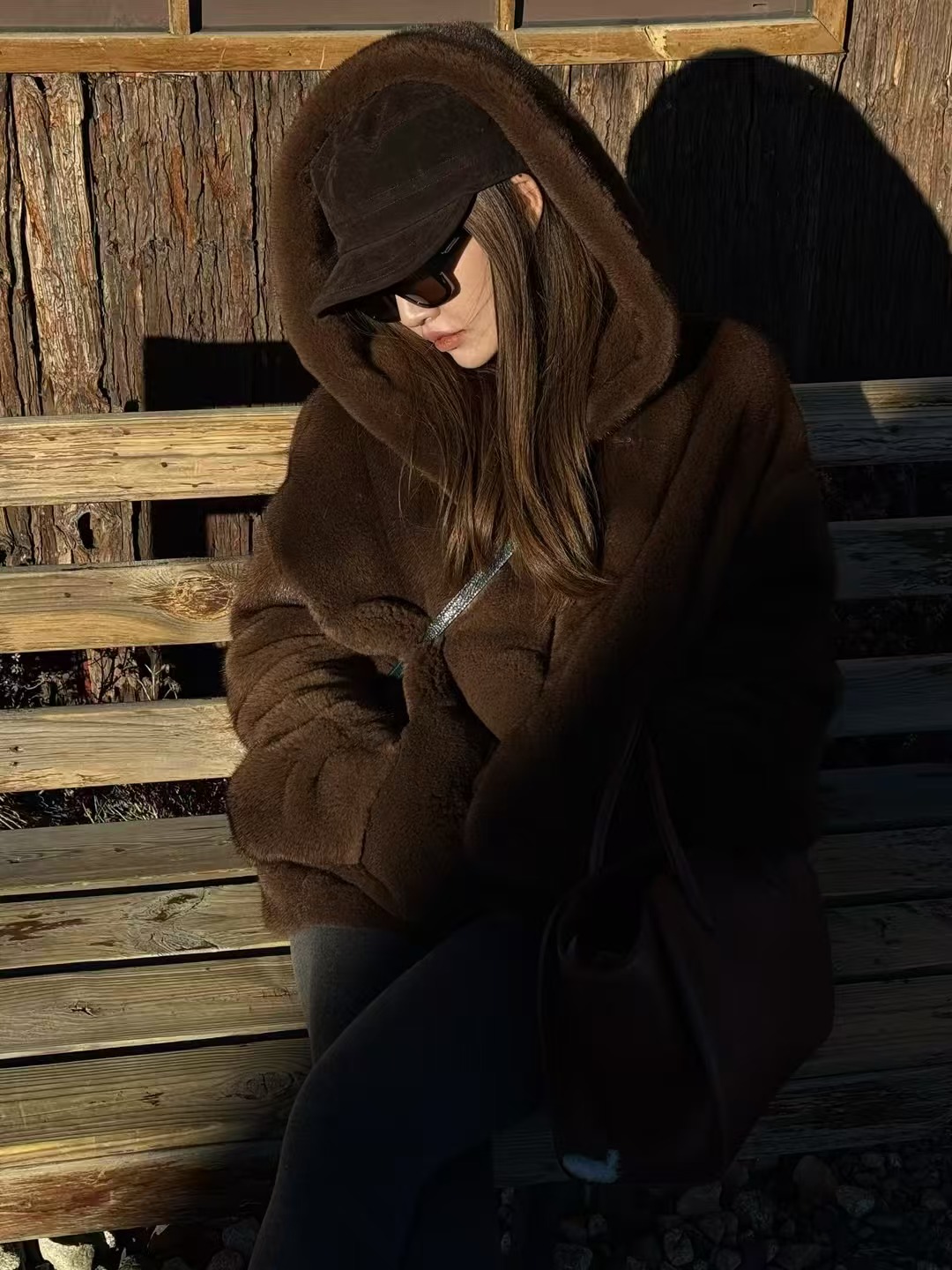 ASHLEYASS中古H哥哈紫标天鹅绒咖色戴帽水貂皮草外套LSE251776S