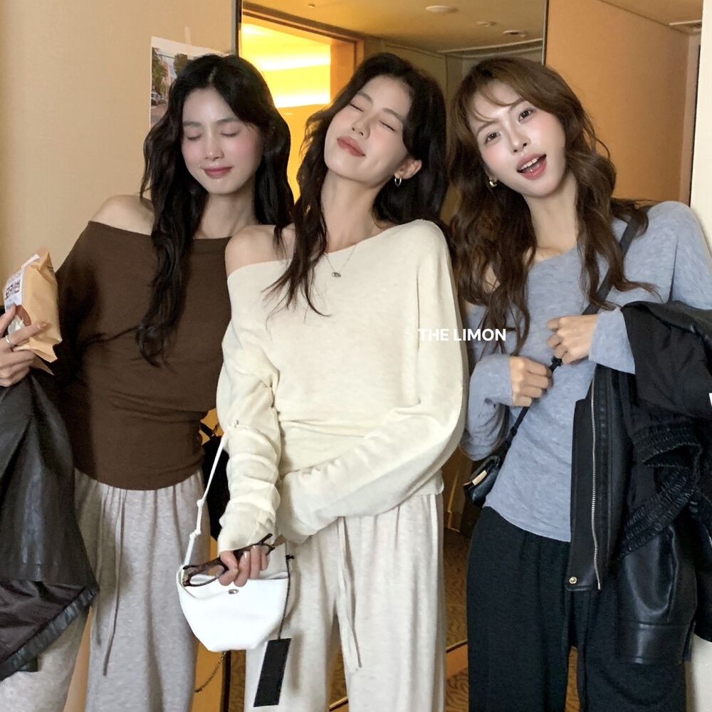 慵懒斜肩一字长袖毛衣新款设计感小众打底上衣韩系针织衫毛衣女