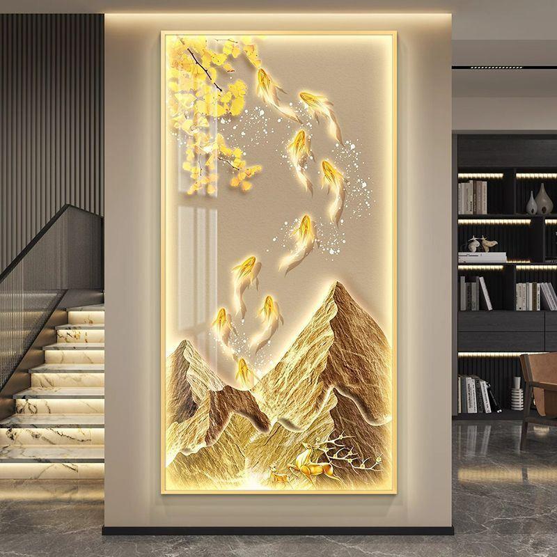 九鱼图轻奢led灯入户玄关装饰画走廊过道挂画壁画简约现代高级感