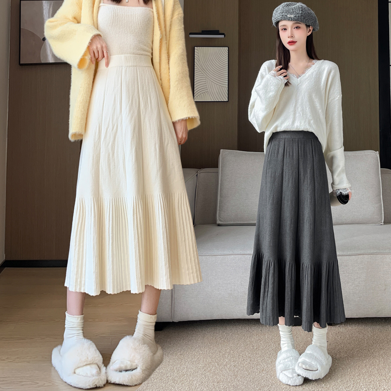 毛线针织百褶半身裙女秋冬季新款高腰显瘦休闲a字中长款大摆裙子
