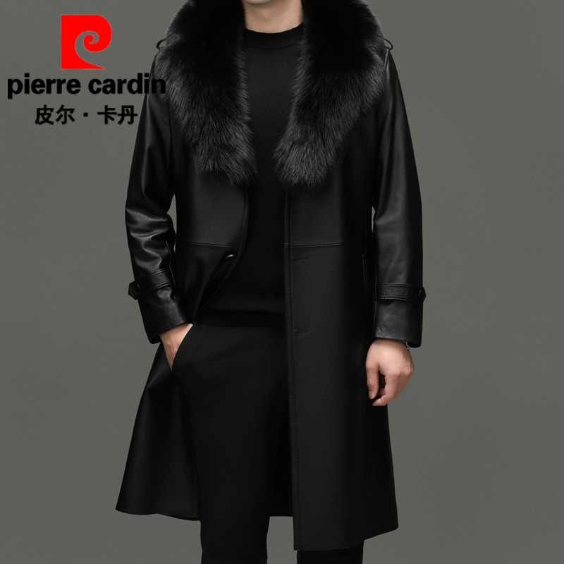 皮尔卡丹头层牛皮大衣男真皮皮衣秋冬新款爸爸长款皮风衣外套