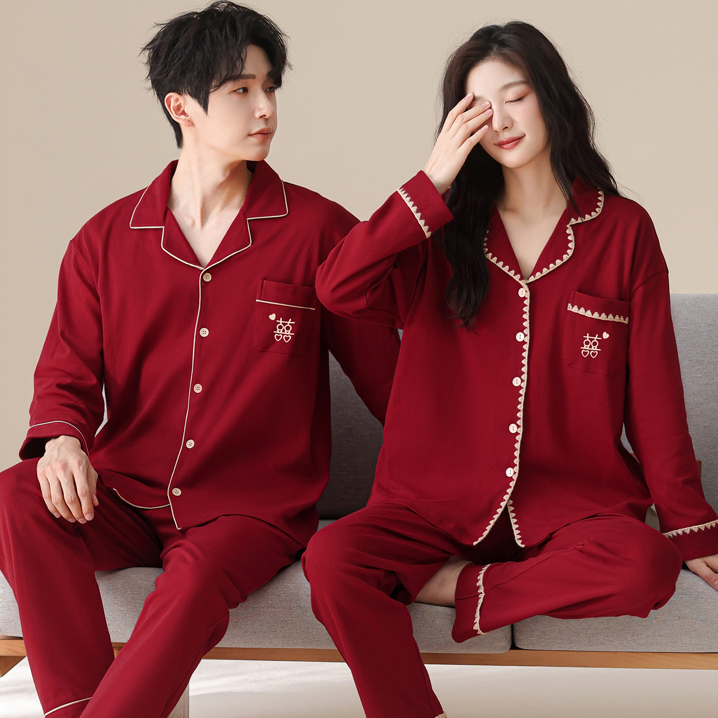 100%纯棉结婚睡衣新婚情侣套装春秋季长袖红色喜庆全棉陪嫁家居服