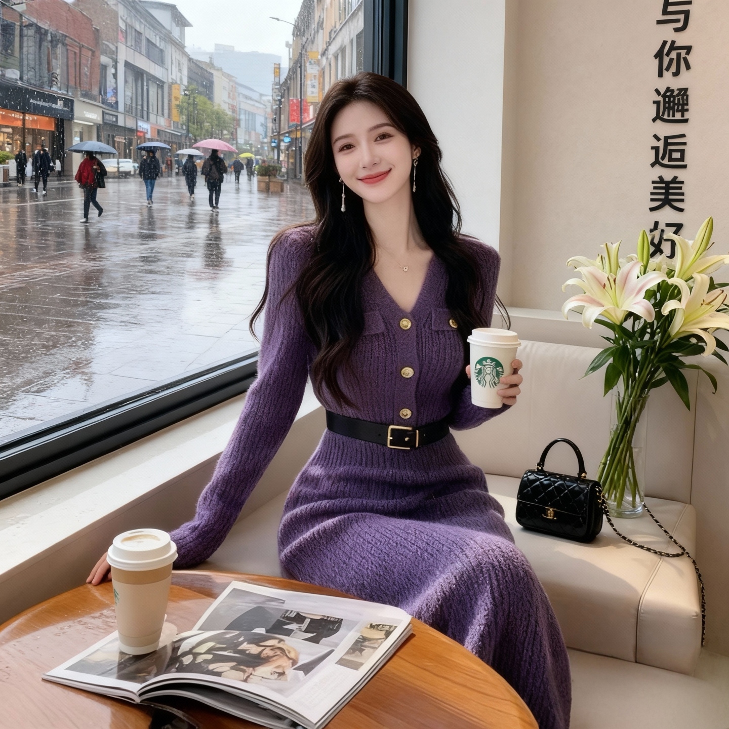 秋冬法式慵懒小香风V领针织连衣裙轻奢精致御姐内搭打底长袖长裙