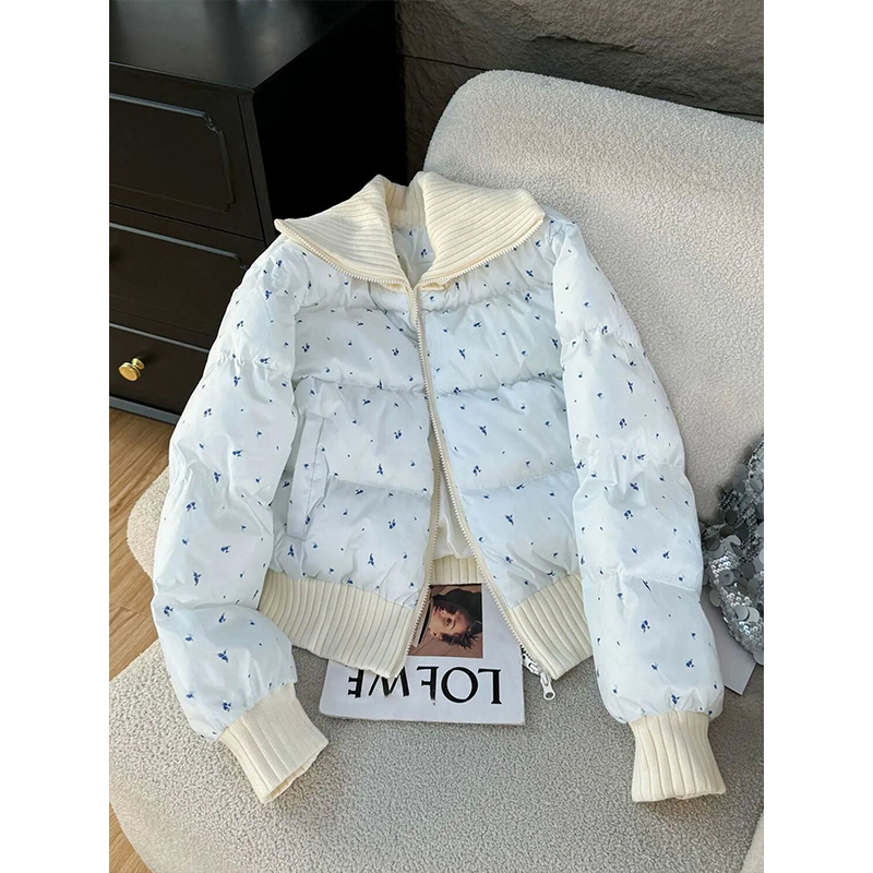 韩系针织拼接小碎花短款棉服外套女冬季新款高级感加厚保暖面包服