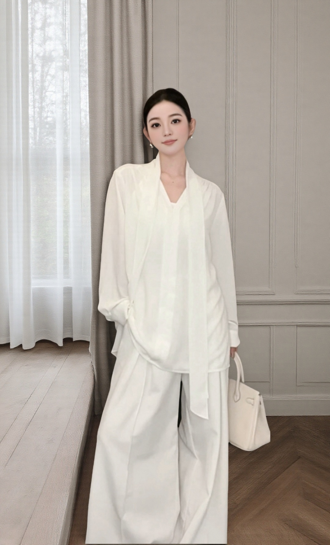 YIYI STUDIO白色v领飘带衬衫女装夏季秋薄款设计感小众中长款上衣