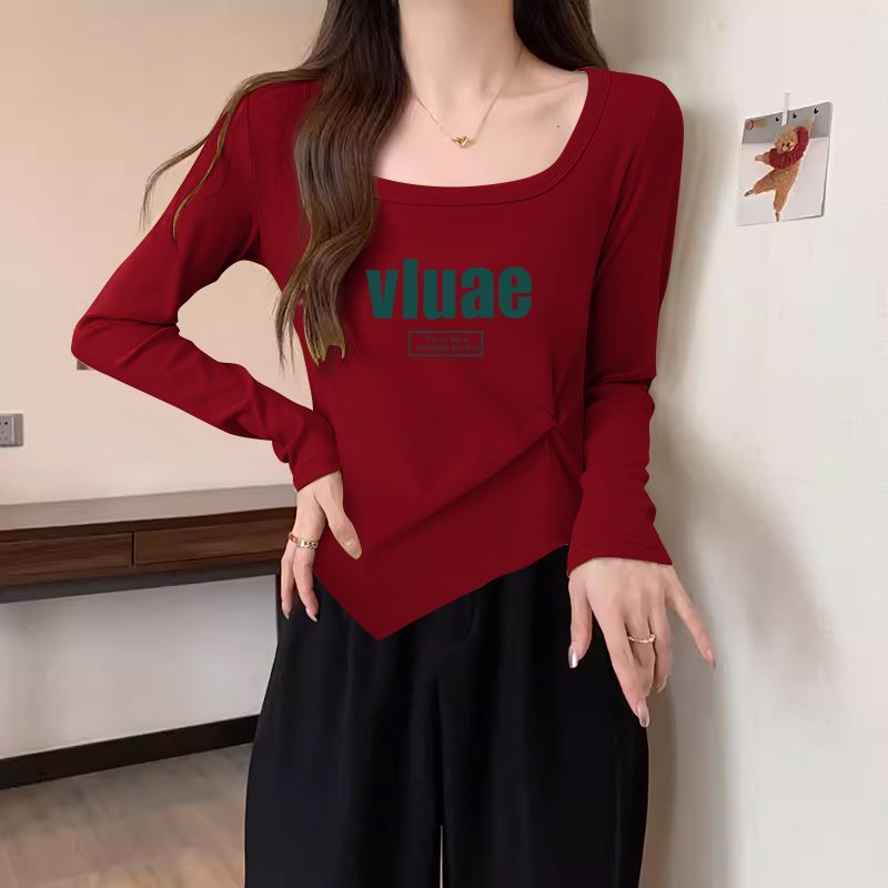 短款方领时尚修身春秋新款长袖打底字母印花T恤女显瘦上衣女百搭