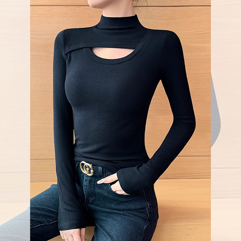 设计感打底修身上衣秋季新款胖MM大码女装小众镂空半高领长袖T恤