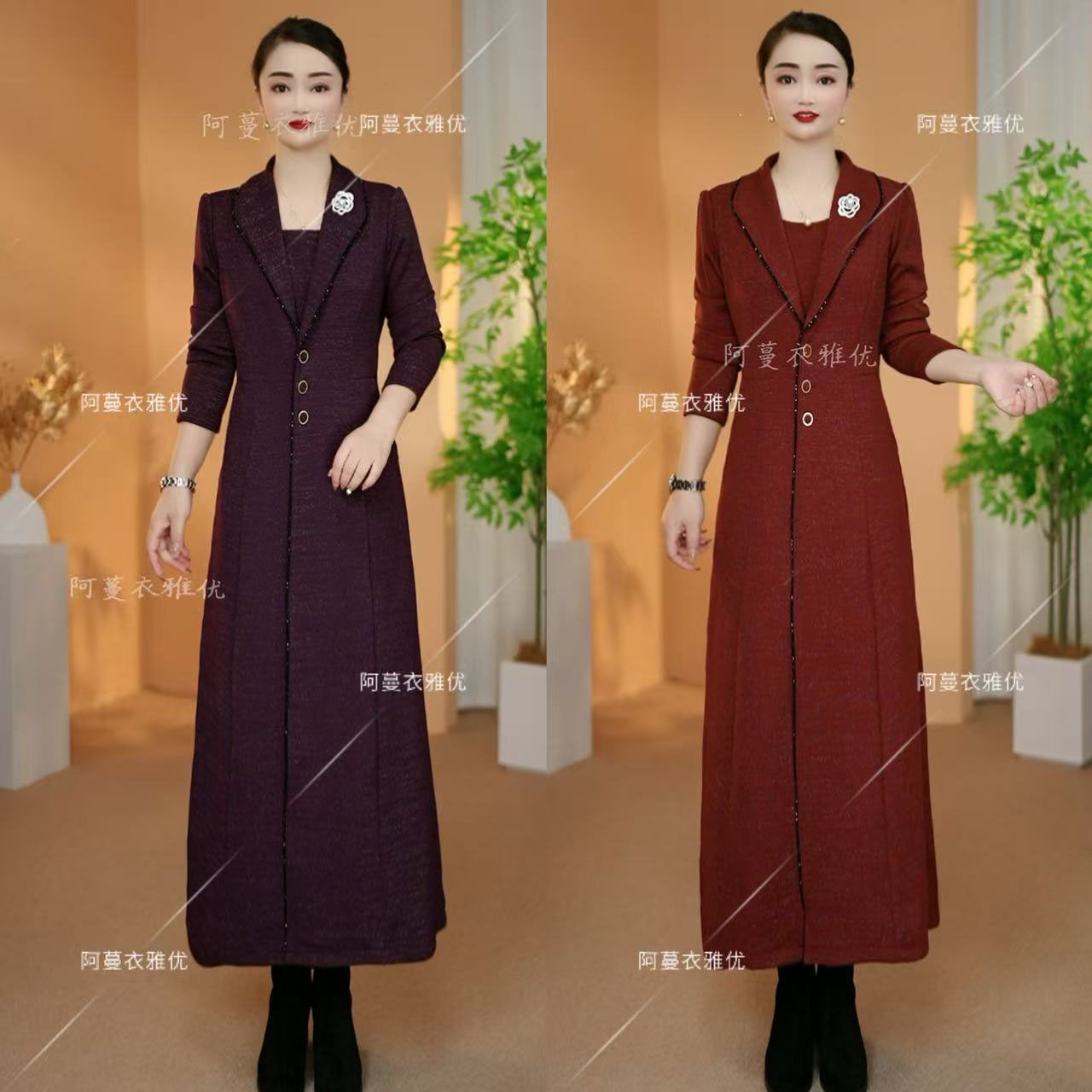 【衣雅优选】秋冬款加厚软精纺混纺百搭假两件风衣裙8222-2372#