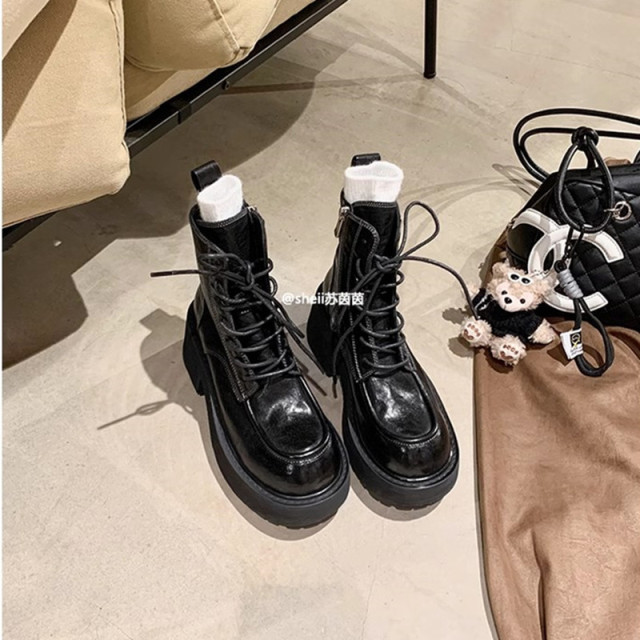 葡萄妈同款 腿精二代~水洗缩纹马皮粗跟厚底机车马丁靴女秋冬短靴