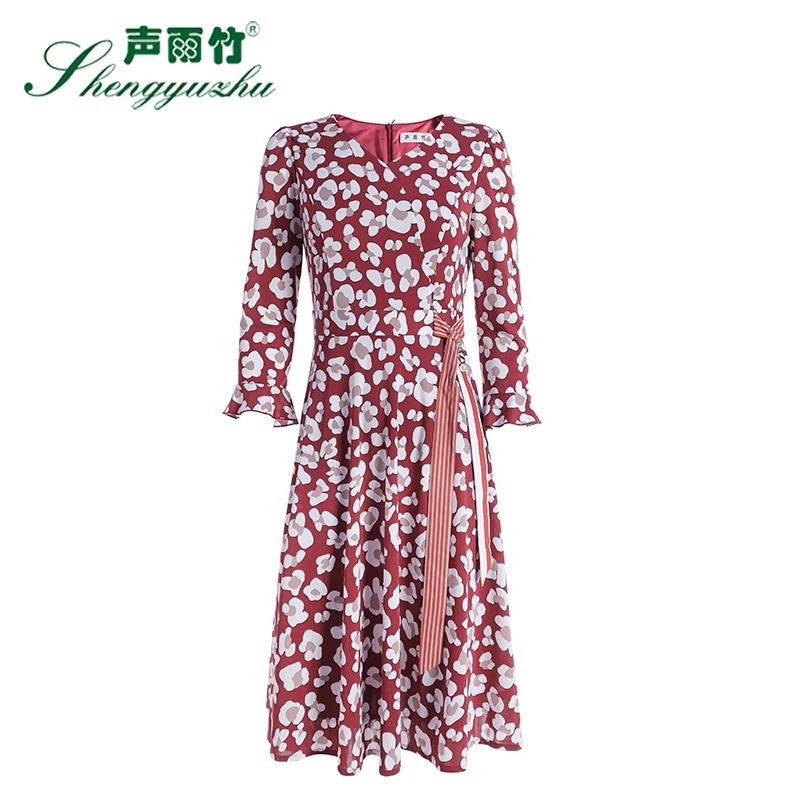 声雨竹春夏新品连衣裙 修身短袖七分袖甜美花色V领中长裙气质休闲