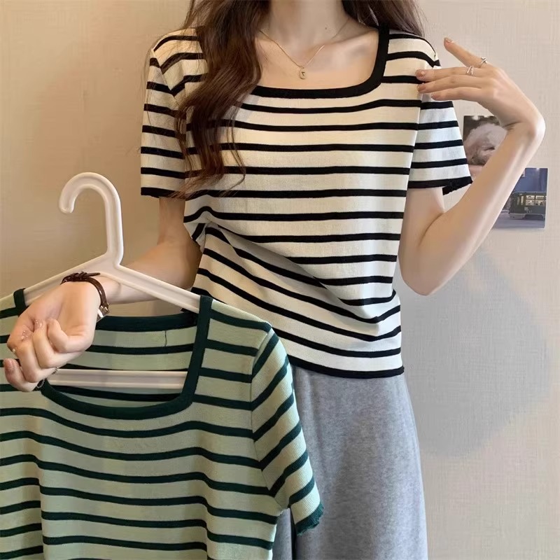 2025夏季新款大码女装胖mm显瘦遮肚欧货方领正肩短袖T恤条纹上衣