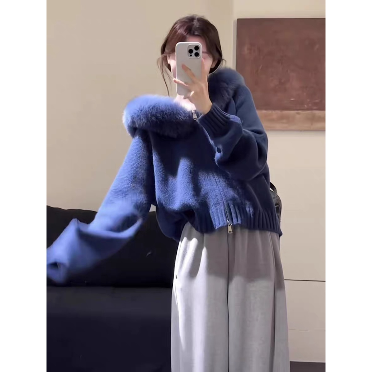 韩系高级感慵懒风蓝色毛领针织毛衣外套女2025年秋天巨好看的上衣