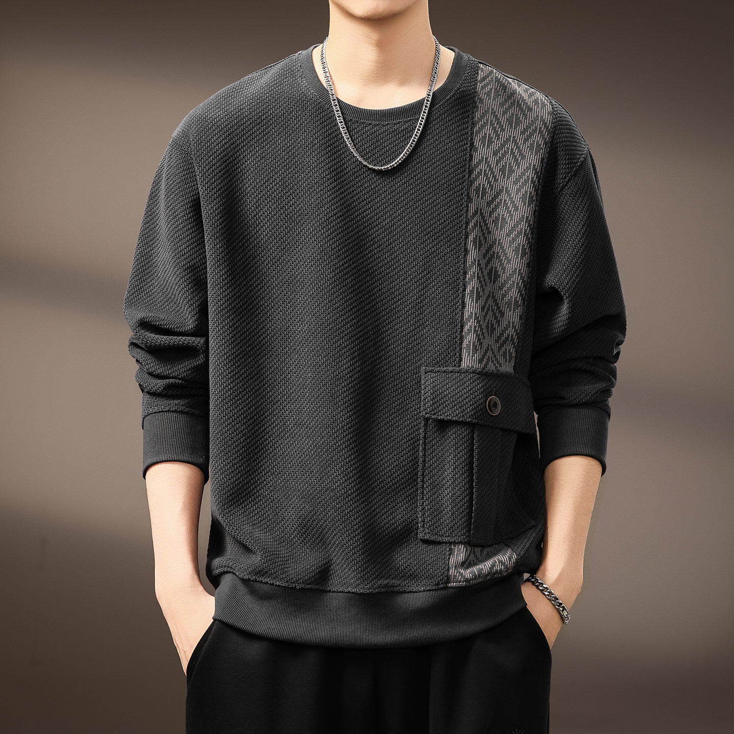 高端美式复古提花拼接男士卫衣2025秋季新款时尚潮流长袖打底衫男