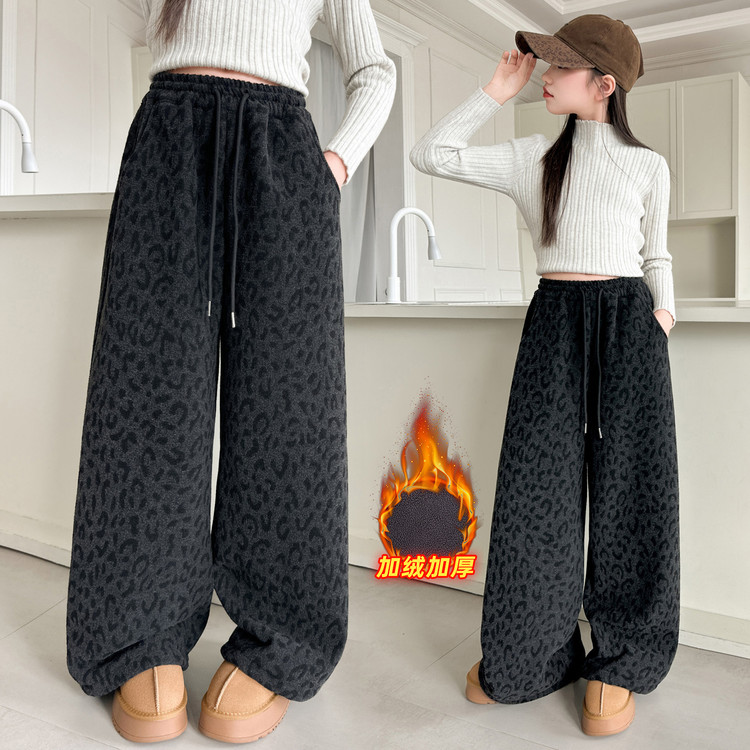 女童豹纹阔腿裤加绒加厚冬装儿童窄版直筒阔腿裤中大童女孩休闲裤
