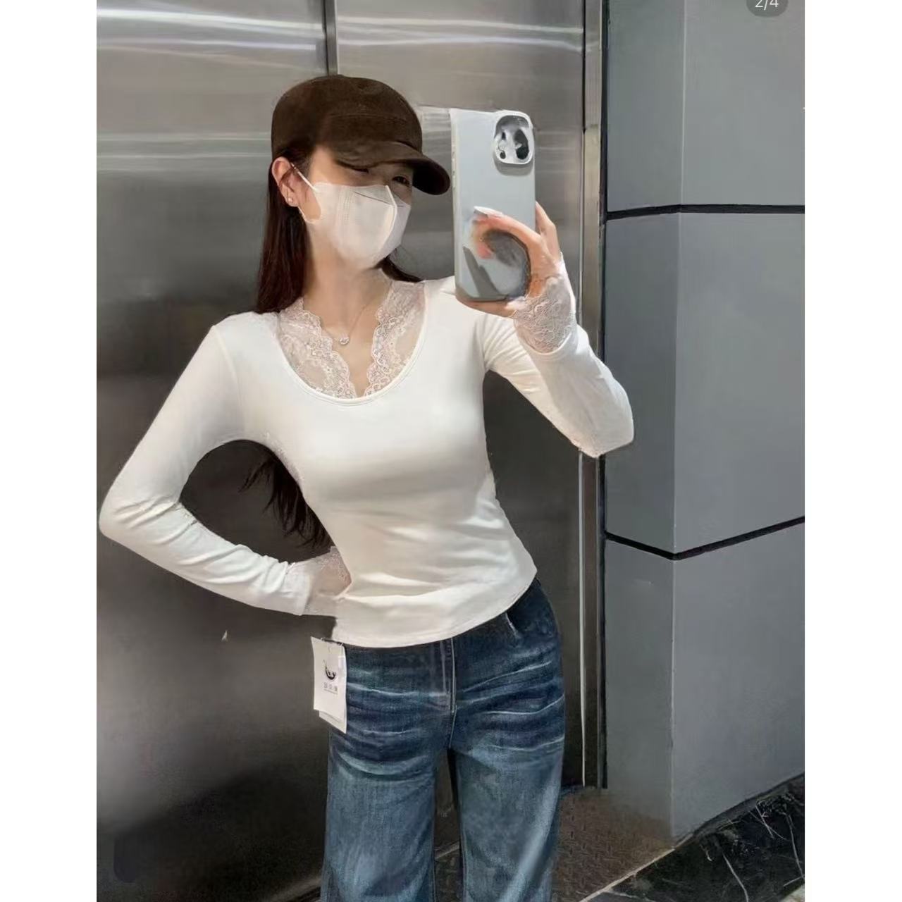 2025秋冬新款圆领蕾丝拼接内搭加绒T恤女修身显瘦百搭打底衫上衣