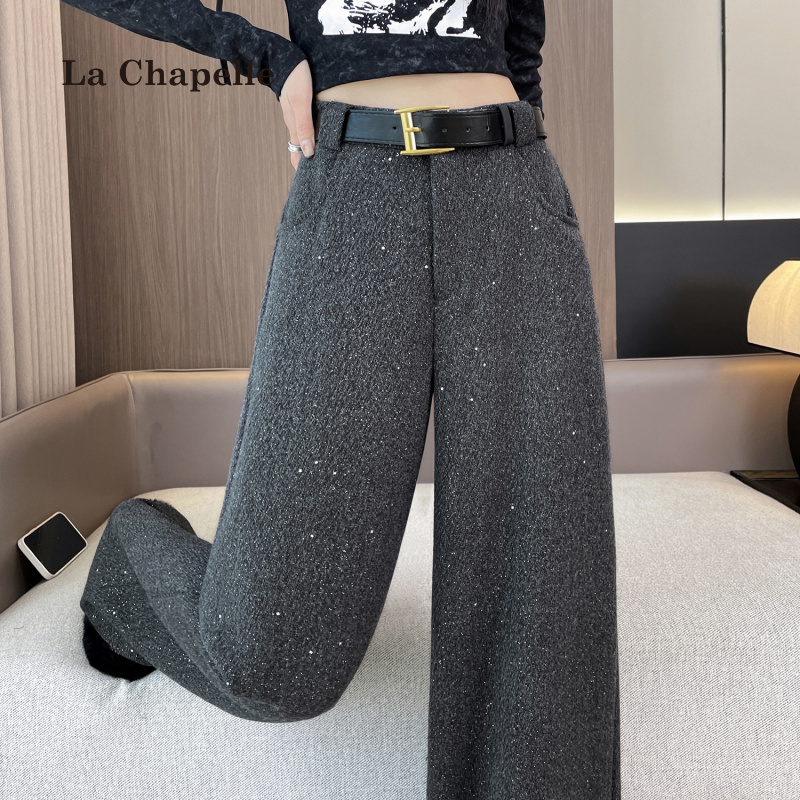 拉夏贝尔高级感亮闪闪加绒休闲裤女2025冬季时尚加厚阔腿直筒长裤