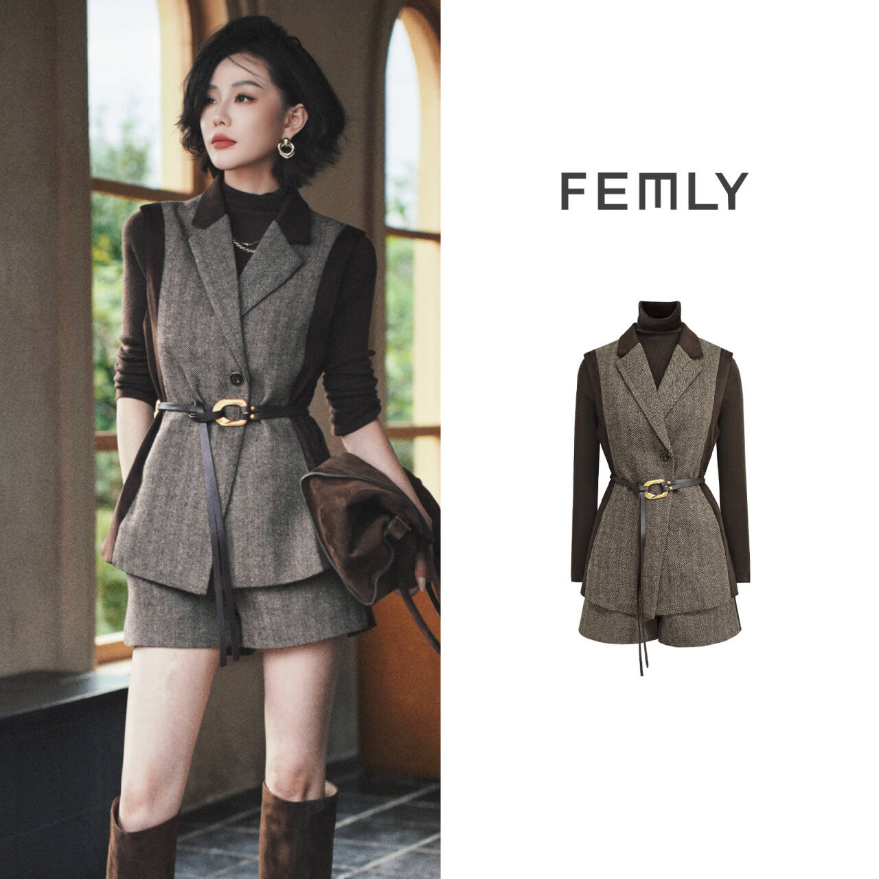 FEMLY/法曼丽 小众设计师款毛呢马甲+短裤+针织衫+三件套3585