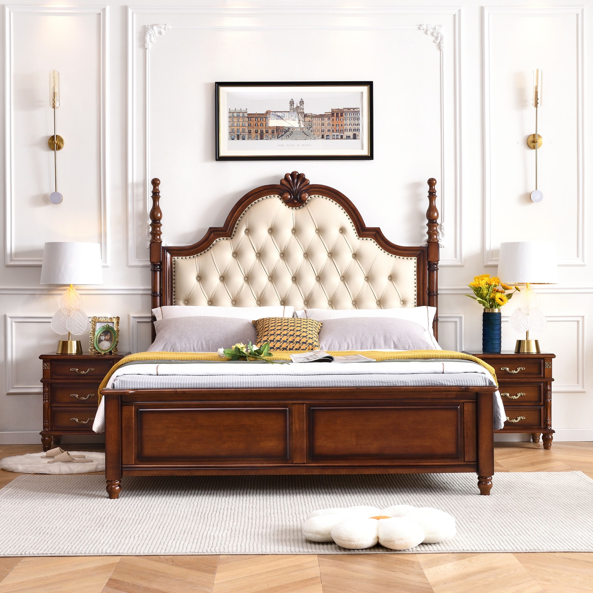 美式乡村风美式雕花实木床简约复古双人床家用美式床