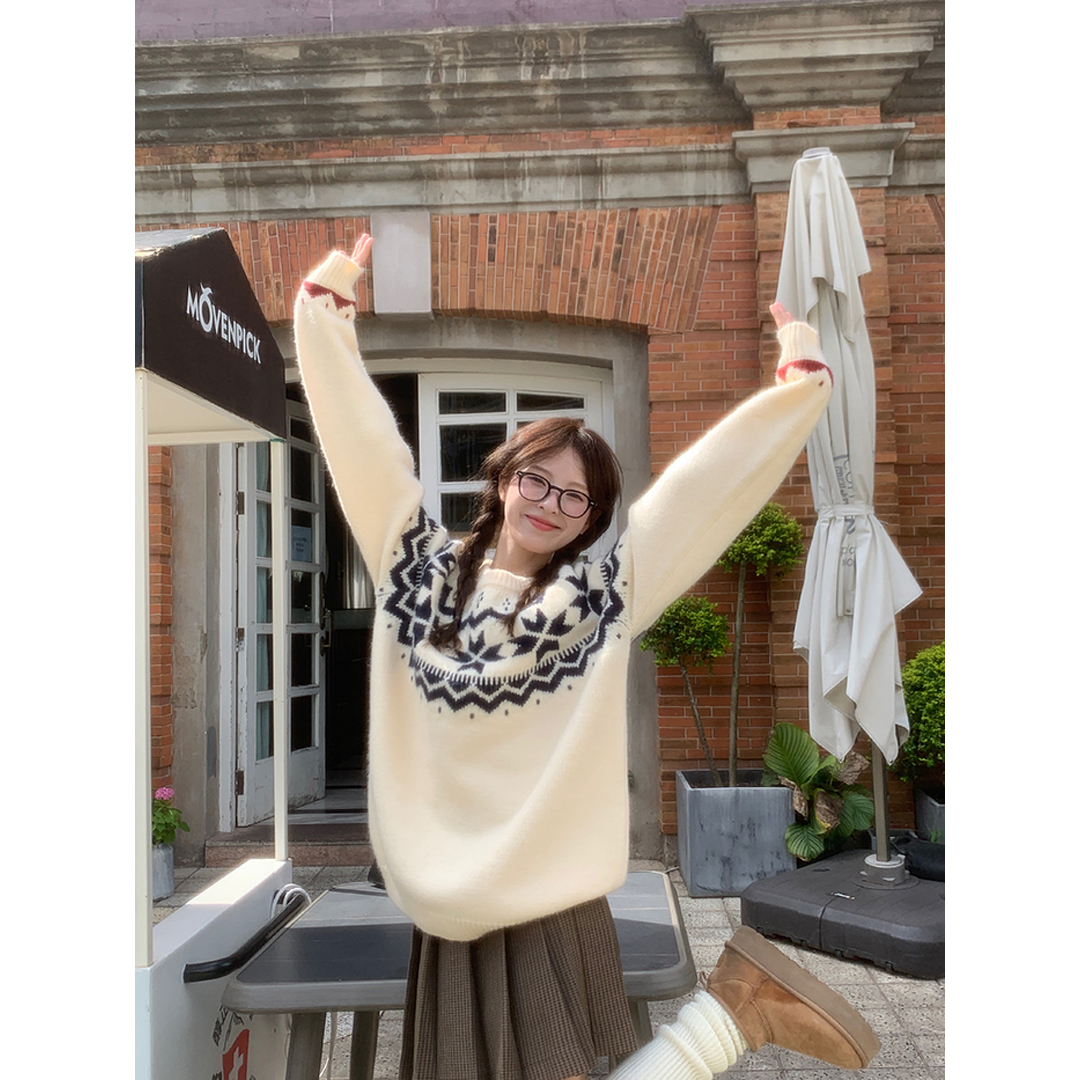 新款费尔岛假日北欧慵懒风费尔岛毛衣秋冬女软糯加厚宽松针织上衣