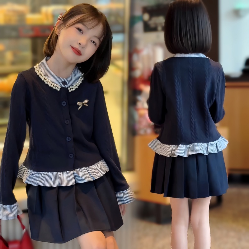 女童春秋装毛衣套装2025新款儿童学院风女孩韩系穿搭百褶裙两件套