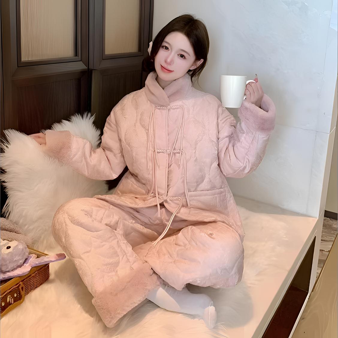 中式国风睡衣女冬季立领三层夹棉加绒加厚保暖珊瑚绒家居服可外穿