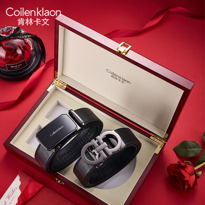 Coilenklaon男士纯牛皮皮带商务休闲双扣头礼盒自动扣真皮腰带