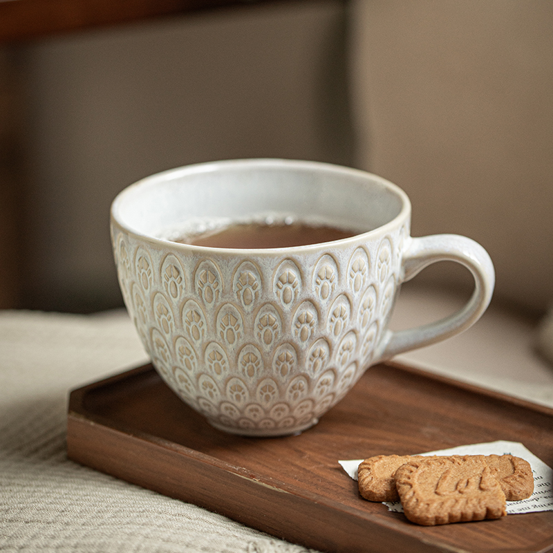 小悠家 浮雕雀纹陶瓷杯450ml水杯复古早餐燕麦杯情侣马克杯办公杯