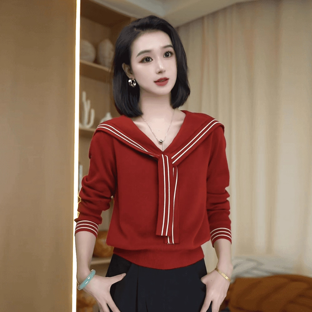 时尚针织衫女2025秋季新款设计感减龄显瘦海军领撞色针织衫上衣潮