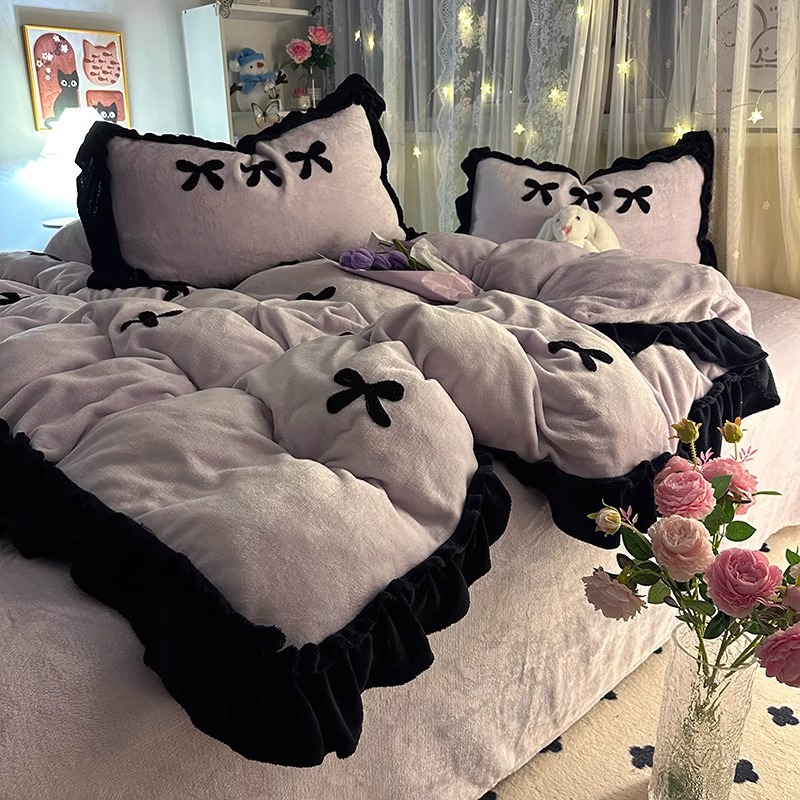 冬季公主风牛奶绒四件套加厚双面珊瑚绒被套床笠床单法式绒毛床品