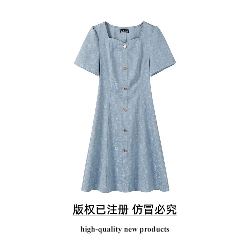 奢姿大码女装2025夏季新款时尚纽扣装饰简约方领短袖提花连衣裙