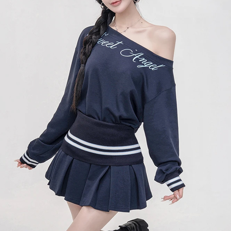 复古气质时尚套装女2025春秋新款斜肩长袖卫衣百褶半身短裙两件套