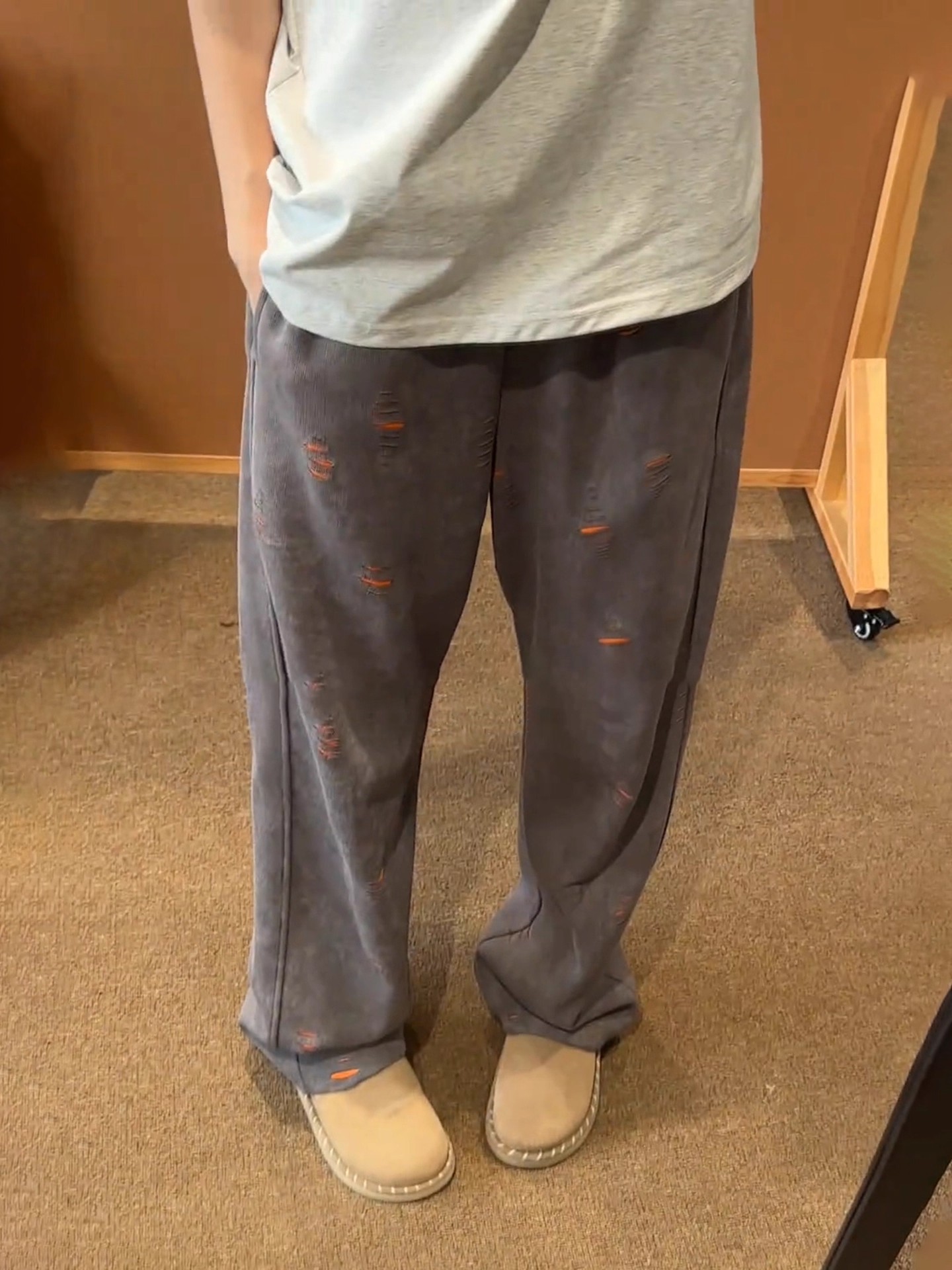 美式重磅破洞弯刀卫裤男款秋季慵懒风穿搭小众裤子垂感直筒休闲裤