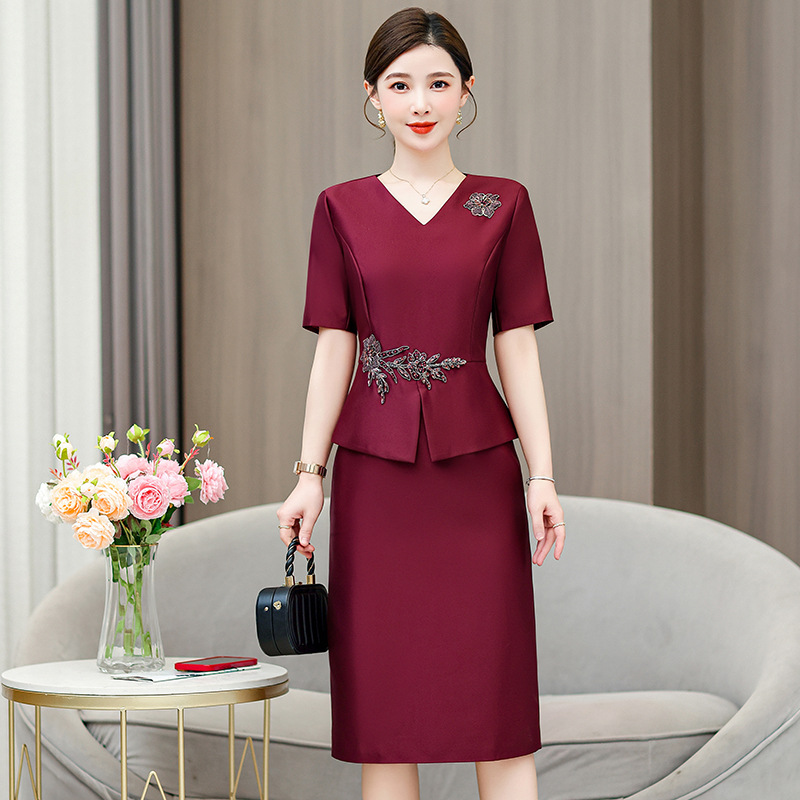 喜婆婆婚宴装红色礼服裙夏季新款妈妈装时尚优雅修身连衣裙