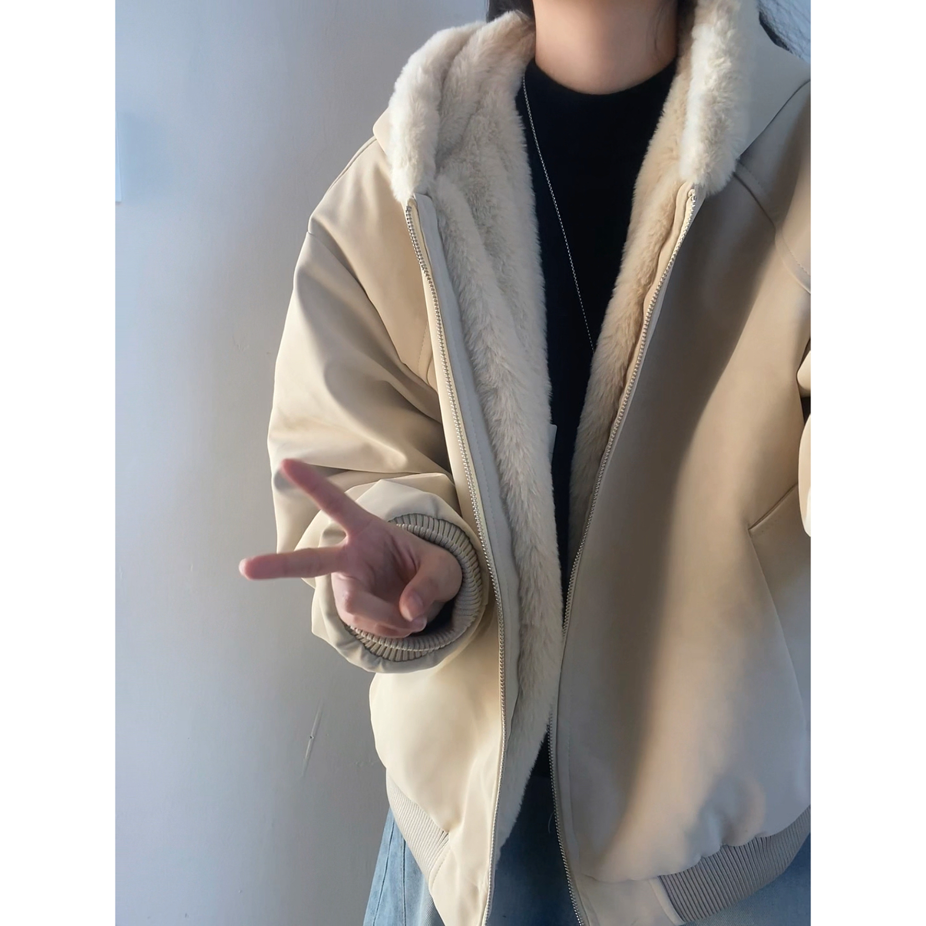 美式连帽座山雕皮衣外套棉服男女款冬季加绒加厚保暖毛领棉衣夹克