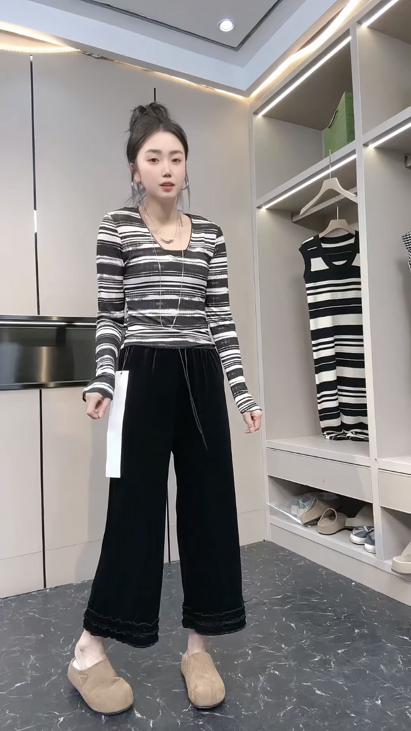 黑色木耳花边收腰阔腿裤女2025年秋季新款小众设计舒适百搭休闲裤