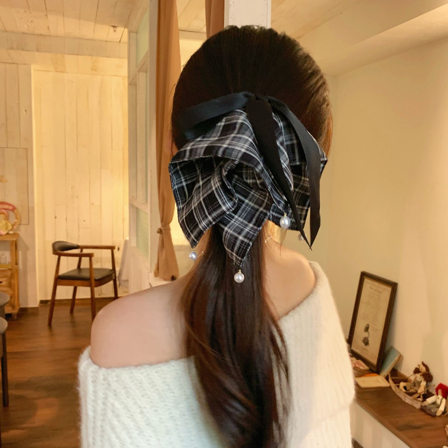 复古美拉德色系格纹方巾马尾夹珍珠蝴蝶结盘发鲨鱼夹国风飘带抓夹